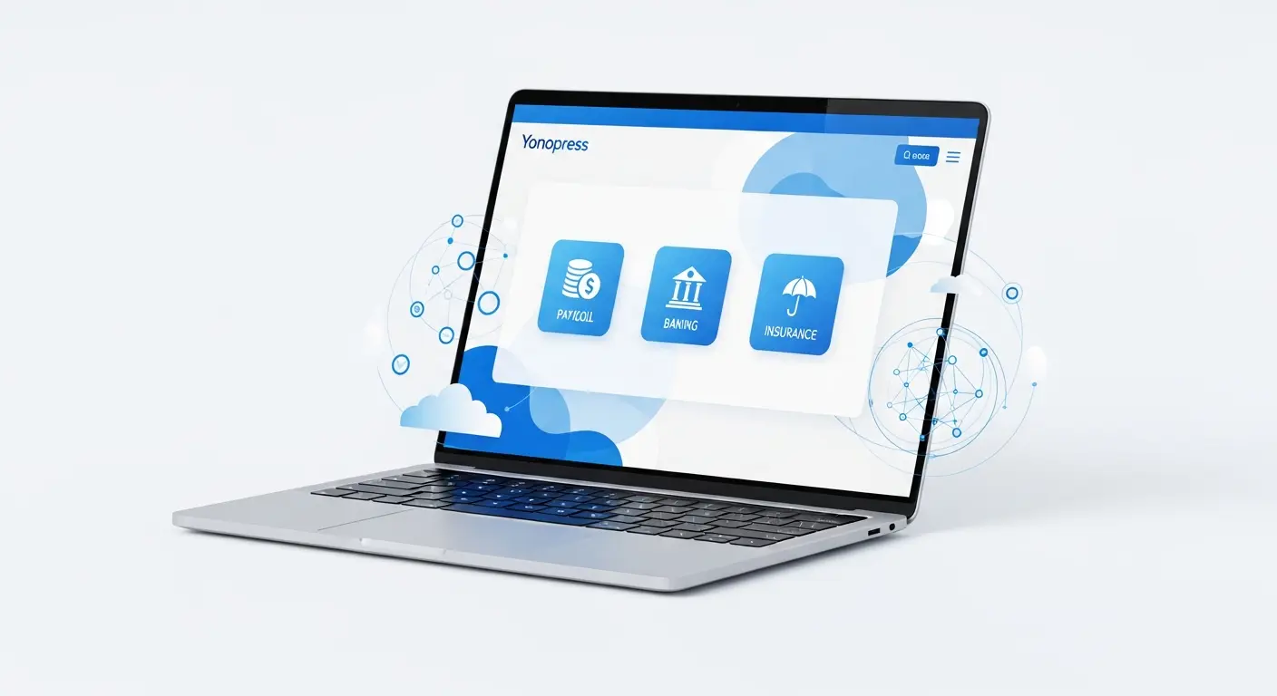 Yonopress digital platform interface showing payroll and banking dashboard