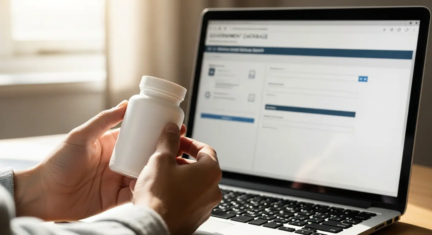 Person cross-checking a supplement label ingredient list against a laptop showing an FDA database search